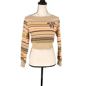 BDG Jeans Cropped Striped Boat Neck Long Sleeve Sweater Beige XSmall